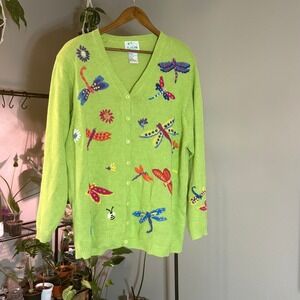 The Quacker Factory Embroidered Sweater Green Button Down Cottagecore Whimsical